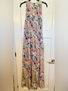 Japna Peach Floral Maxi Dress with Purple & Green Print